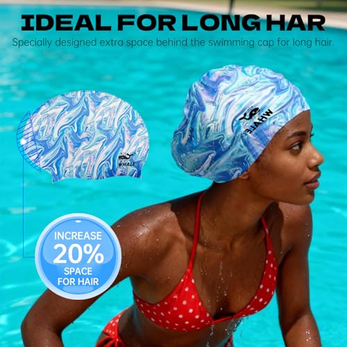WHALE Extra Large Swim Cap Designed for Men and Women with Thick, Long Hair, Hair Extensions Or Afro-Textured Hair Long-Hair Swim Cap Highly Waterproof to Keep Hair Dry - color: Water-patterned