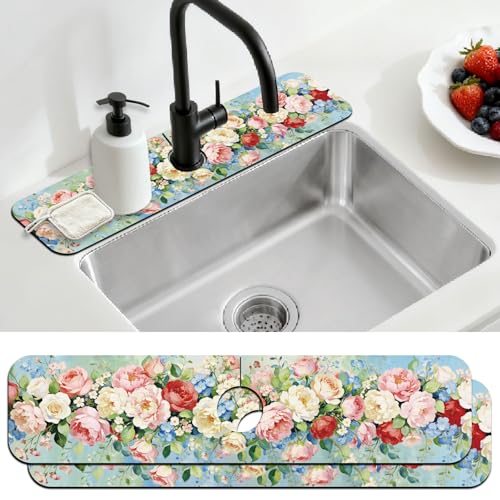 2 Pcs Kitchen Sink Splash Guard Faucet Mat Oil Painting Flowers Pattern Faucet Mat for Sinks Absorbing Drying Mats for Kitchen Bathroom - color: Mat Oil Painting Flowers