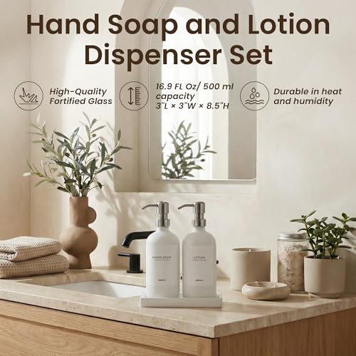 MaisoNovo Soap and Lotion Dispenser Set - Bathroom Soap Dispenser Set with White Soap Dispenser, Silver Pumps & Ceramic Tray - color: White Bottles/ Silver Pumps/ White Ceramic Tray