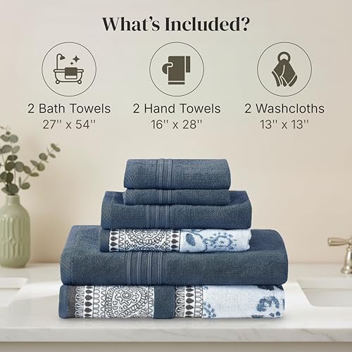 Modern Threads 6 Piece Bath Towel Set – Bathroom Set with 2 Bath Towels, 2 Hand Towels, and 2 Wash Cloths – 100% Cotton, Super Absorbent & Extra Soft – Reversible Floral Trail (Navy) - color: Navy
