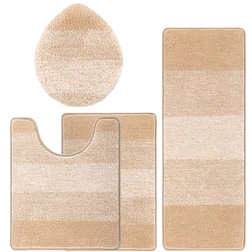 Bsmathom Bathroom Rugs Sets 4 Piece, Soft Absorbent Microfiber Bath Rugs with U-Shaped Contour Toilet Rug and Toilet Lid Cover, Thick Non-Slip Plush Shaggy Bath Mat Set,Beige - color: Beige, size: 18"x26"+18"x48"+U20"x24"+Cover19"x21"