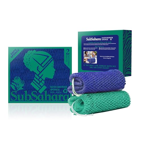 SubSahara Authentic African Net Sponge - 2 Pack Exfoliating Bath & Shower Loofah Sponge for Body & Face, Gentle Scrubber for All Skin Types, Travel, Durable (Dark Blue & Forest Green) - color: Dark Blue & Forest Green
