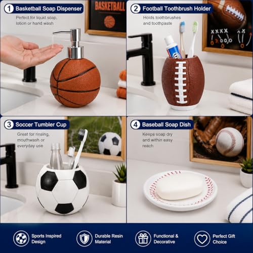 4-Piece Sports Bathroom Accessories Set Complete with Basketball Lotion/Soap Dispenser,Soccer Bath Cup/Tumbler,Base Ball Soap Dish,Football Toothbrush Holder - style: Sports Style Model