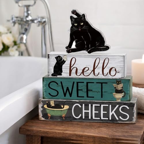 Cinnvoice 4 Pcs Black Cat Bathroom Decor Farmhouse Bathroom Decoration Hello Sweet Cheeks Table Centerpiece Gift for Christmas Valentines Back to School - style: Black Cat Hello Sweet Cheeks
