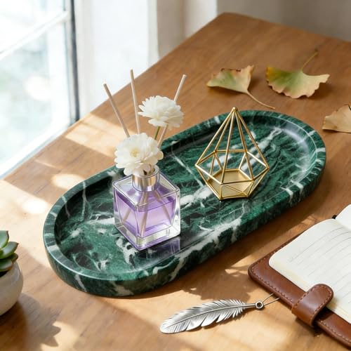 Natural Marble Tray, Green Stone Tray, Vanity Decorative Tray for Countertop, Catchall for Perfume, Candles, Skincare, Jewelry Dish, Bathroom Tray, Hotel Supplies