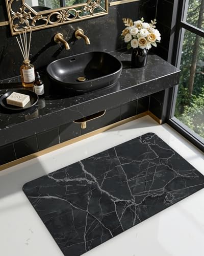 DEXI Bath Mat 32x17, Non Slip Quick Dry Rugs, Super Absorbent Ultra Thin Marble Bathmat, Washable Rubber Mats for Shower Floor, in Front of Bathtub, Sink, Bathroom Accessories Decor, Black - color: Black, size: 32" X 17" (Rectangular)