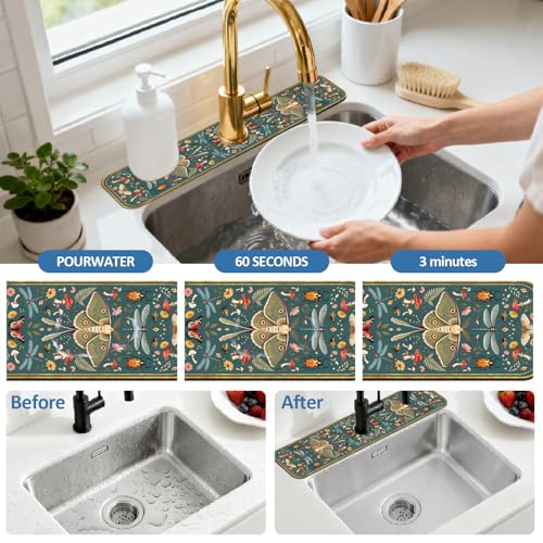 2 Pcs Kitchen Sink Splash Guard Faucet Mat Vintage Green Insects and Plants Faucet Mat for Sinks Absorbing Drying Mats for Kitchen Bathroom, 23.6x5.5inch - color: Insects and Plants
