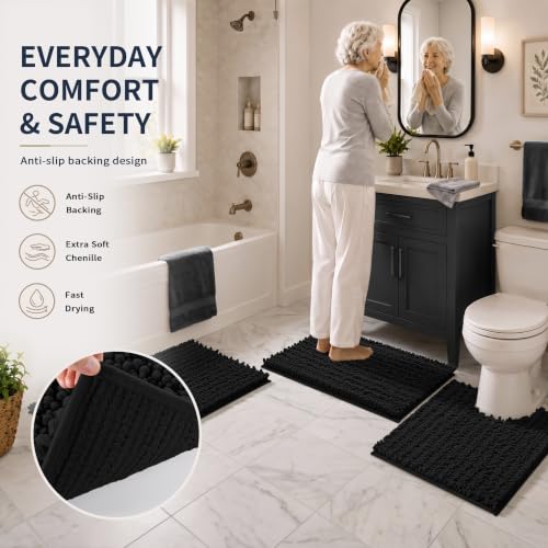 Yimobra Black Bathroom Rug Set 3 Piece - Super Absorbent Quick Dry Chenille Bath Mats & Toilet Rug, Non Slip Machine Washable, Extra Thick Shaggy Floor Mat for Shower Tub Sink - color: Black, size: 24"x20" + 30"x20"+ 44"x24"
