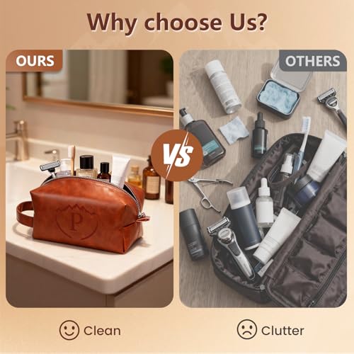 Toiletry Bag for Men,Mens Travel Toiletry Organizer,Personalized Men's Travel Essentials,Water Resistant PU Leather Shaving Bag for Dad Husband Boyfriend, Birthday Gifts for Him,Brown - P - style: Brown P