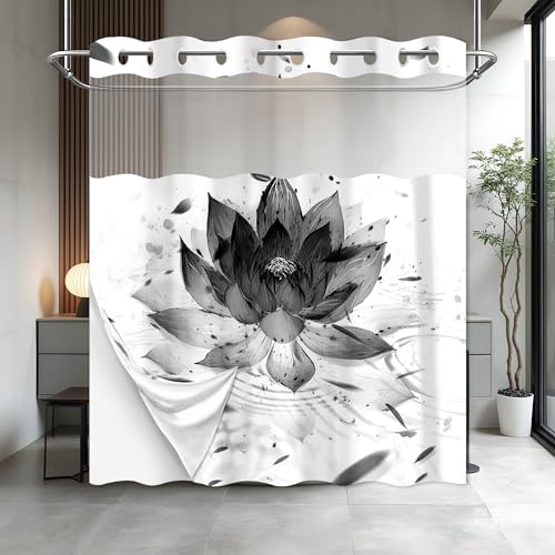 Lotus Hookless Shower Curtain with Snap in Liner, Black and White Zen Spa No Hook Shower Curtain and Liner Set, Ringless with Window Waterproof Cloth Fabric, 60" W X 74" L - color: Ink Water, size: 60"W x 74"L (Pack of 1)