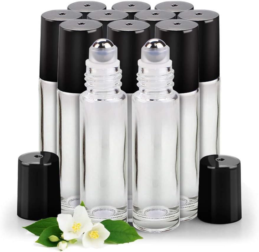 sungwoo 12 Pack Essential Oil Bottles, 10ml Clear Glass Bottles with Stainless Steel Roller Balls and Caps for Travel, Perfume and Lip Gloss - color: Clear, style: 12 Pack
