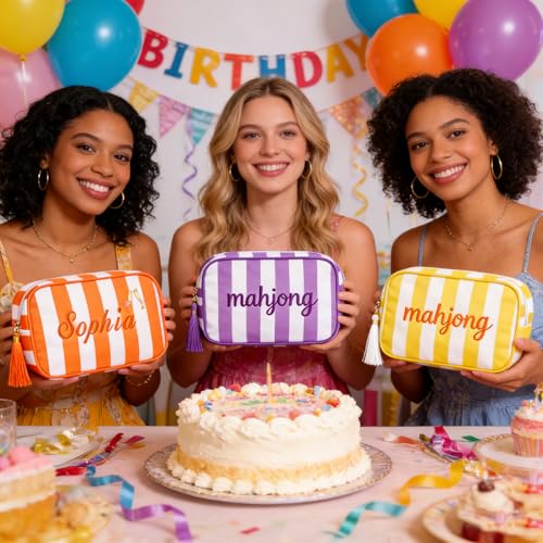 Personalized Makeup Bag with Embroidered Name Custom Cosmetic Bag Toiletry Bag Stripes Travel Organizer Bachelorette Party Bridal Wedding & Birthday Gift - color: Style-03