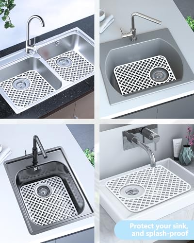 2 Pack Silicone Sink Protectors for Kitchen Sink, Trellis Pattern 13 x 11 Inches Sink Mat, Non-Slip and Durable Sink Protector Silicone, Rear Drain, White - color: White