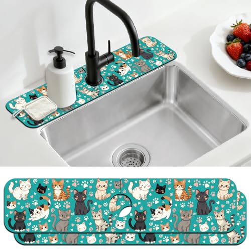 2 Pcs Kitchen Sink Splash Guard Faucet Mat Various Cats Pattern Faucet Mat for Sinks Paw Prints Absorbing Drying Mats for Kitchen Bathroom, 23.6x5.5inch - color: Various Cats