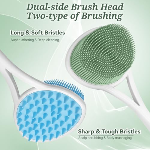 Silicone Back & Face Scrubber Set, 15.35’’ Soft Back Scrubber for Shower with Dual-Side Brush Head, Gentle Silicone Facial Scrubber Face Brush for Deep Lathering & Cleansing(Green-2PCS) - color: Green*2