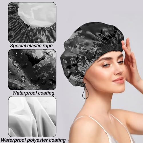 2 PCS Shower Cap Reusable Waterproof Double Layers Hair Caps Shower Bath Adjustable Elastic Hat for Women Girls Cute Aesthetic-Bat - color: AI1-Bat