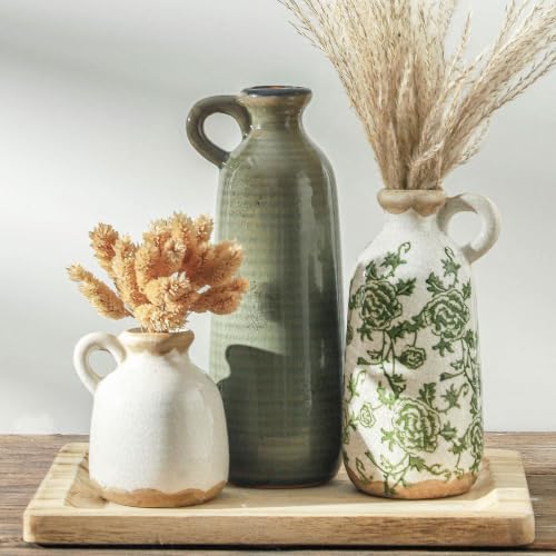 Vintage Vase Set of 3 with Handle, Ceramic Vintage Rustic Vases Home Decor Farmhouse Decorative Vase Pottery Decor Modern for Table Mantel Entryway Bookshelf Living Room Kitchen Bedroom - Green - color: 010 Vase Set - Vintage Green