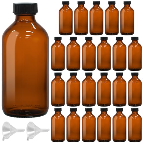 24 Pack 8oz Amber Glass Boston Round Bottles with Phenolic Polycone Caps – Airtight, Leak-Proof Brown Glass Containers for Kombucha Brewing, Storing Condiments, Essential Oils, and Homemade Solutions - size: 8oz
