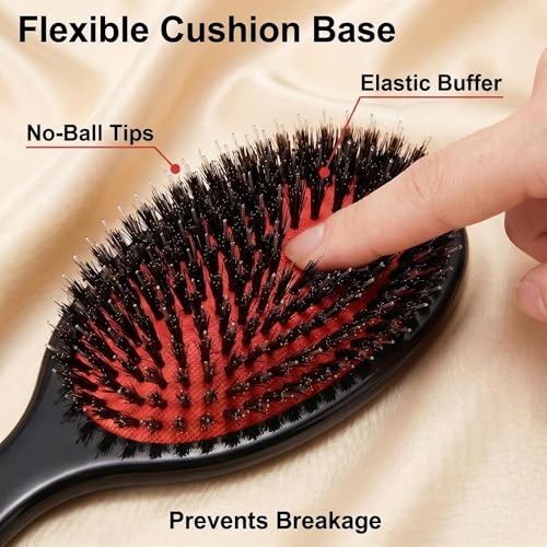 Boar Bristle Hair Brush for Women Men Painless Detangling Paddle Brush for Curly Fine Tangled Hair, Anti-frizz Boar Nylon Bristle Cushioned Brush, Includes Cleaning Tool
