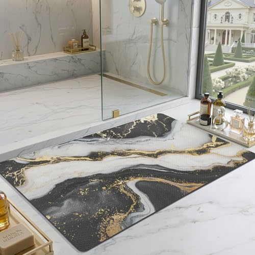 Color&Geometry Ultra Thin Bathroom Rugs Non Slip,Absorbent Quick Dry Bath Mats for Bathroom,Thin Bath Rugs Washable with Rubber Backing Fit Under Door Outside Shower,Gold-Veined Marble,20"x32" - color: Black and White With Gold, size: 20"x32"