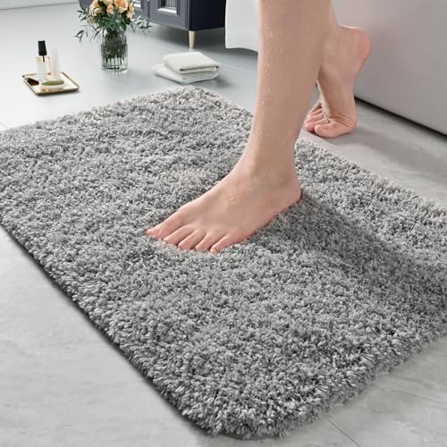 LOCHAS Bathroom Rug 24x17 Inch, Soft Thick Absorbent Polyester Bath Rugs for Bathroom, Machine Washable, Shaggy Plush Non Slip Bath Mat for Tub, Shower Floor, Quick Dry Mats, Grey - color: Grey, size: 24x17 inch (Rectangular)