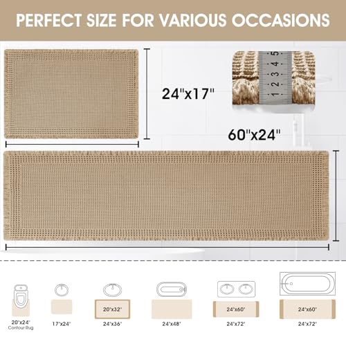 Upgraded Waffle Bath Mat Set 2 Piece Beige-Bordered, Super Absorbent Non-Slip Quick Dry Bathroom Rugs with Tassels, Machine Washable Ultra Soft Boho Bath Rugs for Floor, Bath Mats Boho Farmhouse Decor - color: Beige, size: 24"x17"+5'x2'