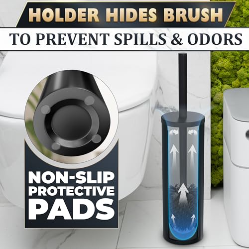 Stainless Steel Toilet Brush and Holder Set, Splash Guard (Black) | Matte Black Toilet Brush and Holder Set, Removable Bowl, Dense Bristles, Long Handle, Scratch Resistant, for Modern Bathrooms - color: Black