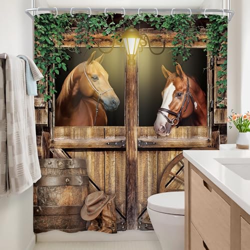 Newsely Western Horse Barn Door Shower Curtain 60Wx72H Inch Farmhouse Cowboy Old Wild West Green Leaves Shower Curtain Bathroom Set Wood Stable Wheels Waterproof Bath Decoration Accessories Home Decor - color: D-01horse, size: 60"W x 72"L (Pack of 1)