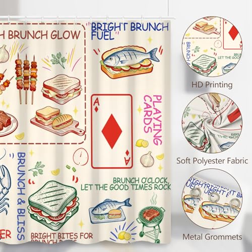 Fabric Shower Curtain with Hooks, Waterproof & Washable & Polyester, Funny Doodle Brunch Card Fish Grilled Meat Shower Curtains for Bathroom, Unique Art Deco Bathroom Curtain, House Gift, 71x74 Inch - color: Brunch Graffiti