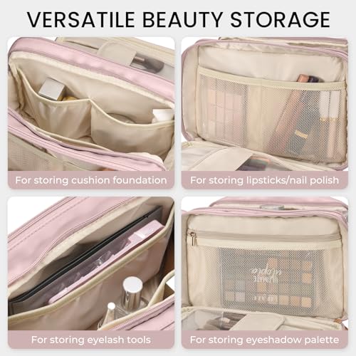 HauteHues Travel Makeup Bag Women's Large Capacity Cosmetic Portable Organizer Large Opening Waterproof Storage Toiletry Bags Vertical Free-Standing Brush Holder for Easy Access Pink - color: Pink