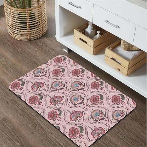 Bathroom Rug, Pink Indian Paisley Floral Bath Mat for Tub Non Slip, Soft Absorbent Easy Clean Quick Dry Bathroom Mat for Tub Shower Home Decor 17x29 inch