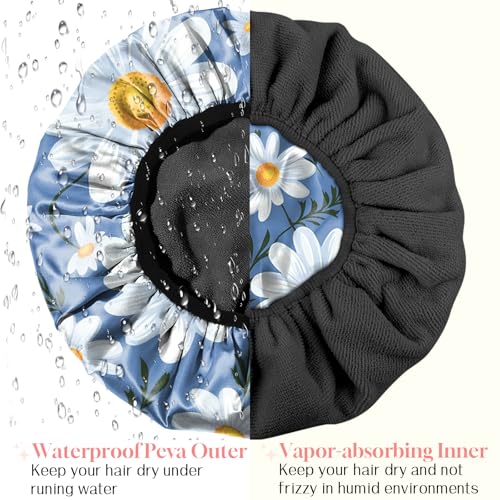 Luxury Shower Cap Terry Cloth Lined EVA Waterproof Reusable Triple Layer Elastic Hair Bath Caps for Women Girls Cute (C19-Chrysanthemum) - color: C19-Chrysanthemum