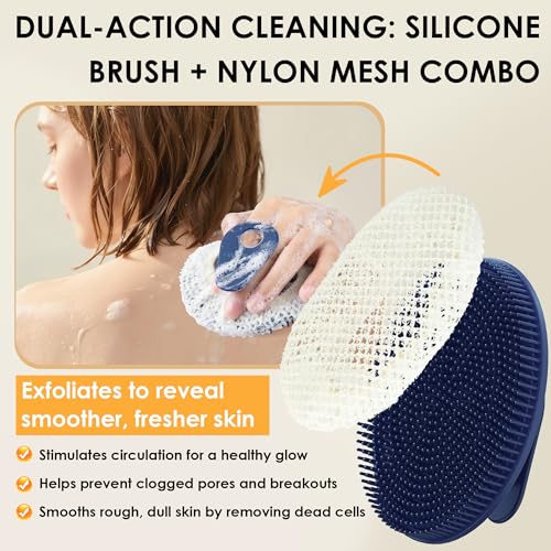 African Net Exfoliating Sponge Case with Silicone Body Brush, Dark Blue | 2in1 Quick-Dry Bath Mesh Washcloth Shower Scrubber, Massaging, Cleansing, Skin Smoother, INNERNEED - color: Darkblue