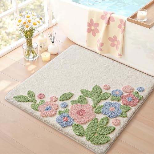 LUMI Bathroom Rugs Cute Flower, Soft Absorbent Squarer Bath Mat Non-Slip, Machine Washable Quick Dry Warm White Bloom Luxury Rug Flower for Kids Room, Bathtub, Home Decor, 26"x26" - color: Ivory Bloom, size: 26"x26"(Square)