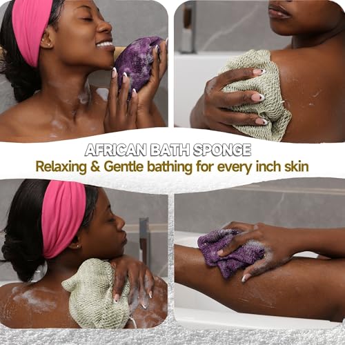 SubSahara Authentic African Net Sponge - 2 Pieces Exfoliating Scrubber for All Skin Types, Bath Sponge for Face & Body, Travel Portable, Durable, Gentle Exfoliation (Berry & Sage Green) - color: Berry & Sage Green