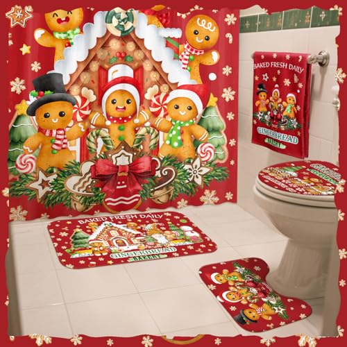 FuWeave 8 Pcs Christmas Shower Curtain Set Xmas Santa Bathroom Decoration Christmas Tree Hand Towels Snowman Toilet Lid Cover Bathroom Rugs Xmas Shower Curtain with Hooks(Gingerbread Man) - color: Gingerbread Man