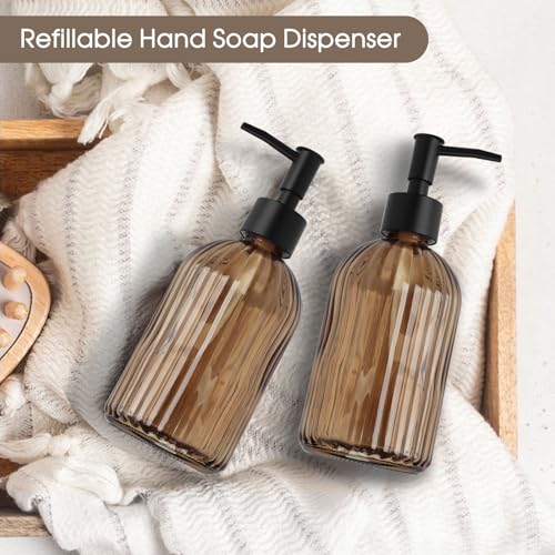 Topsky 2 Pack Glass Soap Dispenser with Black Plastic Pump, 400ml Liquid Hand Soap Dispenser, Rustproof Pump for Kitchen & Bathroom, Great for Lotions, Essential Oil, Liquid Soaps-Amber - color: Stripe-amber, size: Plastic Pump