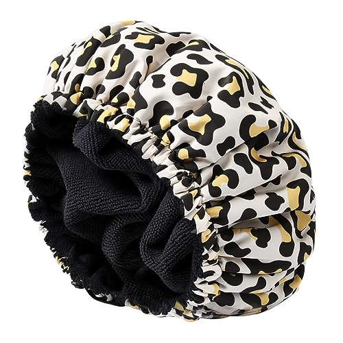 Shower Cap for Women Terry Lined Bath Cap Large Reusable Waterproof Elastic Band Leopard Shower Caps for Long Thick Hair Soft Bath Shower Hair Caps - color: Leopard Print Pattern