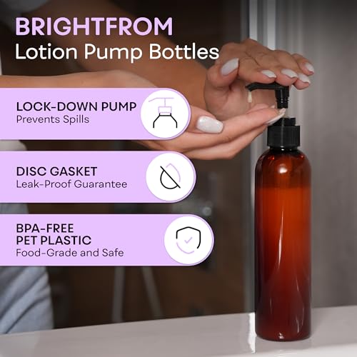 BRIGHTFROM Lotion Pump Bottles, Empty 8 OZ, BPA-Free Refillable Plastic Containers, Amber with Black Dispenser for - Soap, Shampoo, Lotions, Liquid Body Soap, Creams and Massage Oil (3 PACK) - color: Amber
