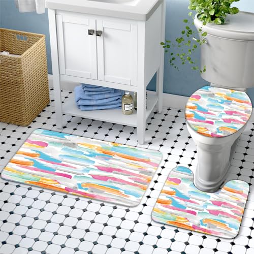 Lnond 4Pcs Abstract Shower Curtain Sets with Rugs, Watercolor Geometric Paint Bathroom Sets with Shower Curtain and Rugs and Accessories - color: Watercolor Geometric Paint