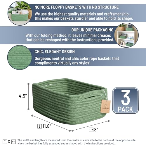 NaturalCozy 11.8"x8"x4.5” Rectangle Storage Baskets for Shelves 3 Pack | Cotton Rope Woven Small Baskets for Organizing | Small Storage Bins for Nursery, Bathroom, Closet, Shelf, Decorative, Gift - color: Green, size: 11.8" x 8" x 4.5"