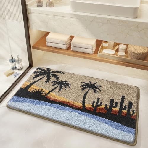 Bathroom Rug Mat, Beach Sunset Fluffy Rug with Palm Tree & Cactus Silhouette, Ultra Absorbent Microfiber Shaggy Door Mat, Quick Dry Bath Rug Carpet for Toilet Bathtub Bedroom 20x31 Inch - color: Blue
