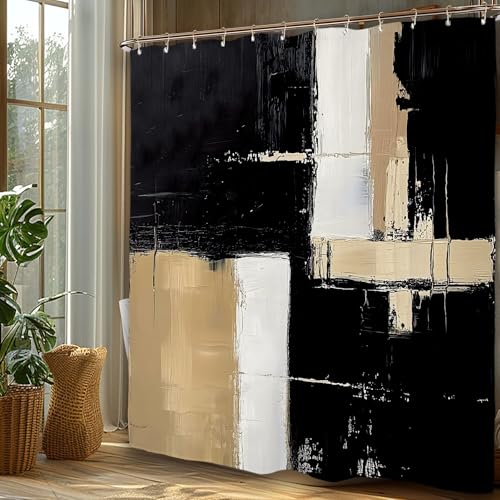 Miyotaa Abstract Black Tan Modern Shower Curtain Set 60Wx71H Inches Painting Contemporary Minimalist Brushstroke Art Neutral Waterproof Bathroom Curtain with 12 Hooks - color: Black Tan Painting, size: 60"W x 71"L (Pack of 1)