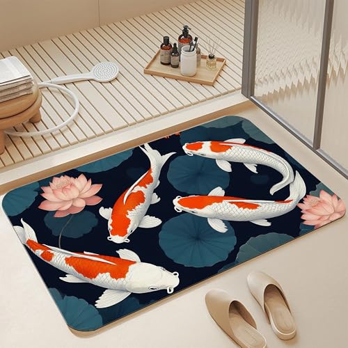 Japanese Fish Bath Mat,Fast Drying Lotus Flowers Leaves Bathmats for Bathroom, Non Slip Soft Diatomaceous Bath Rug Bathroom Accessories Thin Doormat for Home Kitchen 17 X 29.5 Inch - color: Japanese Fish