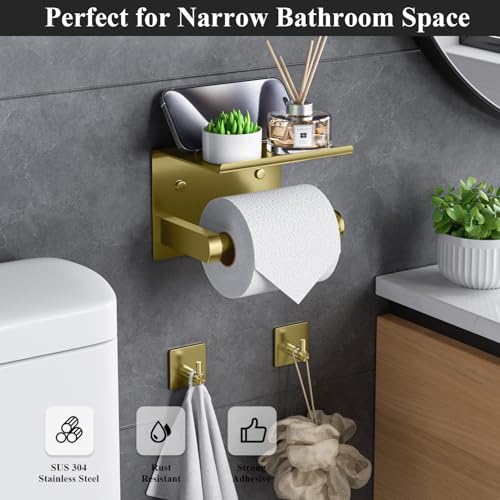 Tindbea Toilet Paper Holder Wall Mount + Towel Robe Hooks, Adhesive or Screw Wall Mounted Toilet Paper Roll Holder with Shelf, Stainless Steel Bathroom Organizers and Storage Kit (Brushed Gold) - color: Brushed Gold, size: Regular