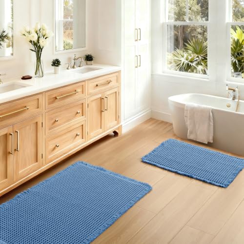 JIUZHEN Set of 2 Waffle Bathroom Rugs Non Slip Boho Bath Rugs Machine Washable Waffle Bath Mats with Rubber Backed Super Absorbent Shower Mats for Bathroom Floor, 16" x 24" +20" x 32", Blue - color: Blue, size: 16"x24" + 20"x32"