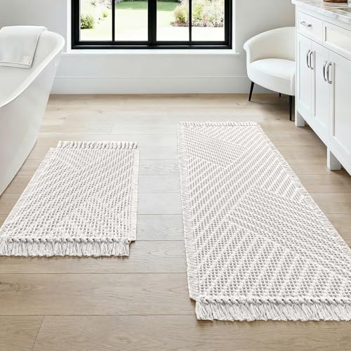 H.VERSAILTEX Waffle Bath Mat Super Absorbent Boho Bath Mat Non Slip Bath Rugs for Bathroom Floor Machine Washable Dry Fast Bathroom Rugs with Tassels (47 x 17 Plus 17 x 24 Inches, Ivory White) - color: Ivory White, size: 47" x 17" Plus 17" x 24"