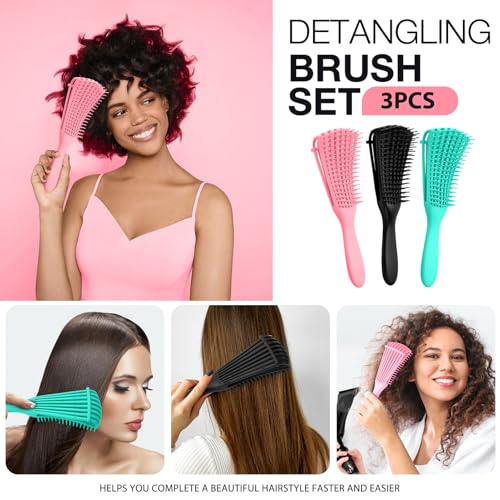 Hommtina Detangling Brush Set Getting Shine and Makes Hair Smooth, Curly Hair Brush for Adult & Kids Wet or Dry Hair(Green Pink Black + Black, 3 PCS) - color: Green Pink Black + Black, size: 3 PCS