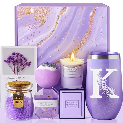 Personalized Gifts for Women, Mom, Wife, Girlfriend, Sister, Friends, Her - Customized Birthday, Christmas, Valentine's Day, Mothers Day Gifts - Initial Lavender Spa Gift Basket Set (K) - style: K