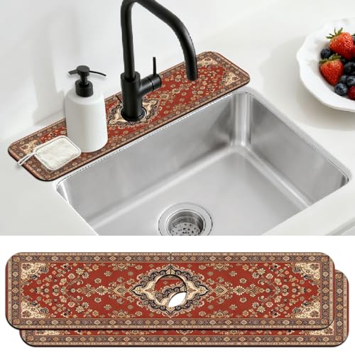 2 Pcs Kitchen Sink Splash Guard Faucet Mat Retro Red Bohemian Pattern Faucet Mat for Sinks Flower Absorbing Drying Mats for Kitchen Bathroom - color: Red Bohemian Pattern